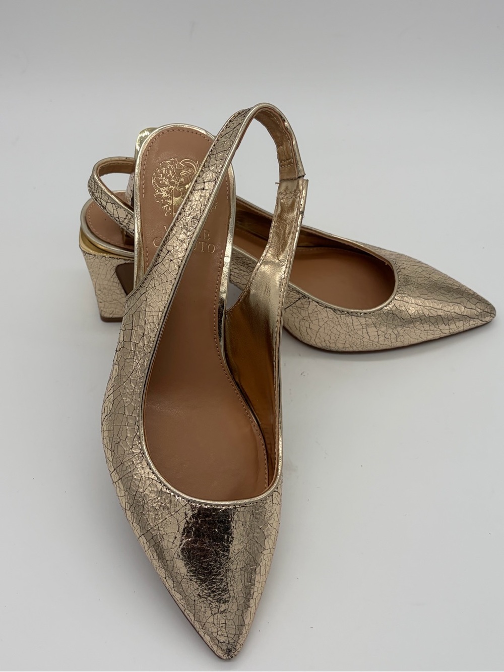 Metallic Gold Slingback Pointed-Toe Block Heel Pumps